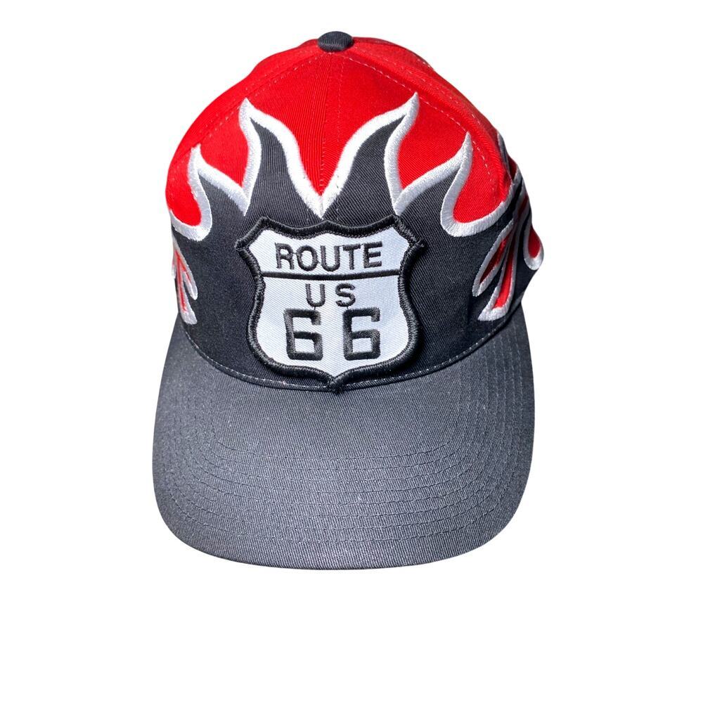 Vintage Route 66 Flame Snapback Hat Red Black Embroidered Biker Cap